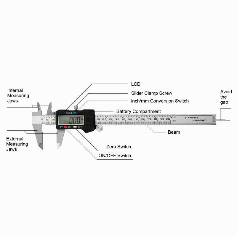 Digital Caliper 0-8" Measuring Tool with Metal Ruler, Micrometer Caliper with Auto-Off Feature, Interchangeable Between inches and millimeters for DIY/Household and 3D Printing, Black 8" Metal ruler Black