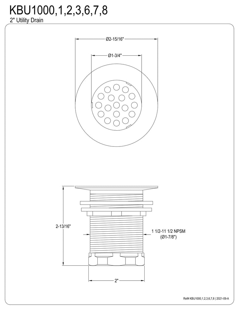 Kingston Brass KBU1008 Seattle 2-Inch Brass Grid Bar/Utility Sink Drain, Brushed Nickel