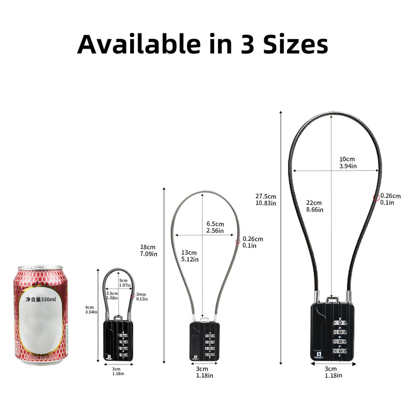 RESET-200 4 Digit Combination Padlock with 12 inches Steel Cable,Cable Lock for Locker Luggage Suitcase Gun Case Toolbox Helmet Black,2 Pack 2 30cm(12 inch Cable)