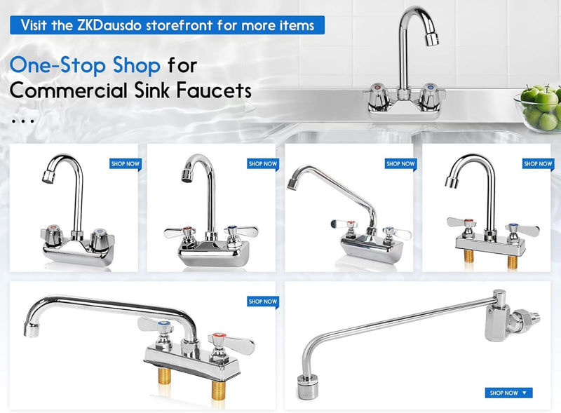 4 Inch Center Commercial Sink Faucet Wall Mount with 12" Spout for Bar 4" center 12" spout