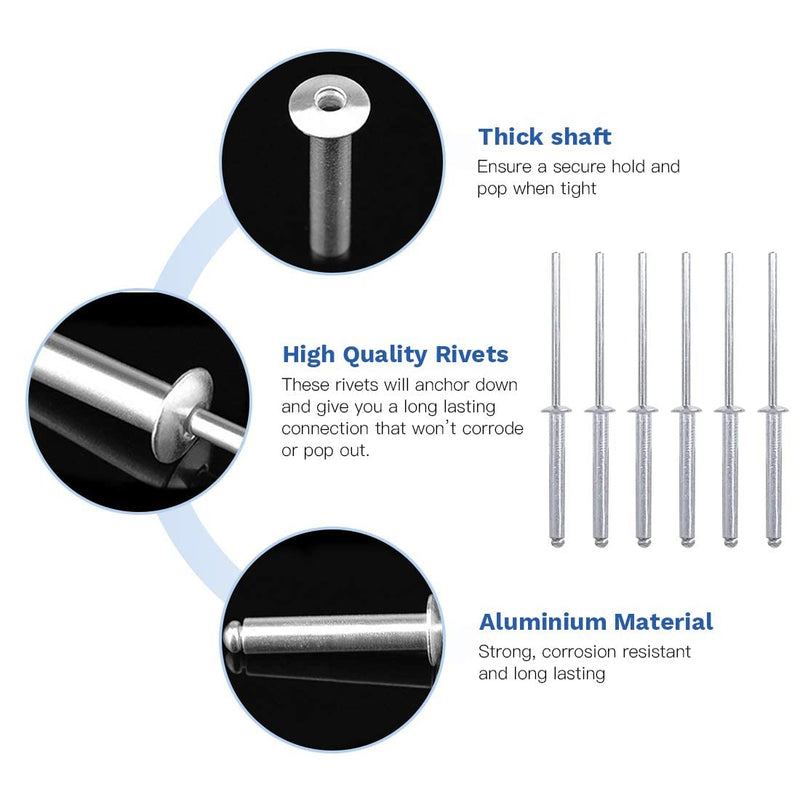 Glarks 200Pcs 1/8" x 15/16" Aluminum Body Steel Mandrel Dome Head Blind Rivets Set for Sheet Metal, Automotive, Railway, and Duct Work 1/8" x 15/16" (200pcs)
