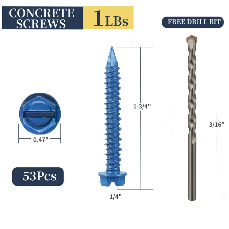 53Pcs 1/4 x 1-3/4 in Concrete Screws with Drill bits,Masonry Screws for Concrete Assortment Kit,Hex Head Block Cement Stacoo Screws and Anchors,Diamond Point,Blue Coated(1LB) 1/4×1-3/4 In Blue-Hex