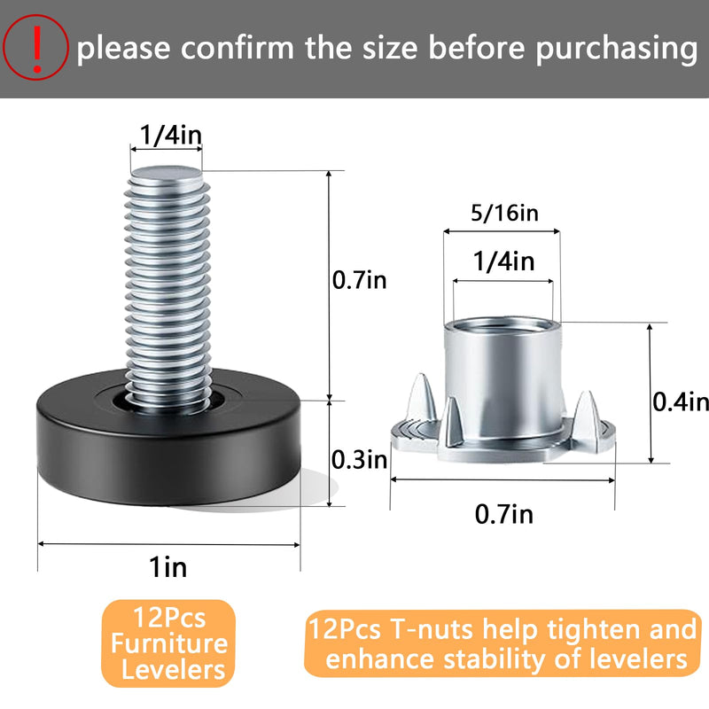 1/4" Thread Leveling Feet, 12 PCS Furniture Levelers with T-Nuts, Adjustable Furniture Feet Threaded Screw in, Table Levelers for Adjusting Individual Furniture Feet With T-Nut, 1/4"-20 UNC Thread