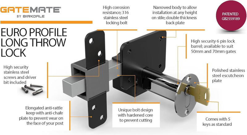 GateMate 2”(50mm) Double Locking Premium Long Throw Lock, High Security, Stainless Steel, Corrosion Resistant, Ideal for Doors and Gates, Robust and Durable Locking Mechanism. 50mm Double Keyed Lock