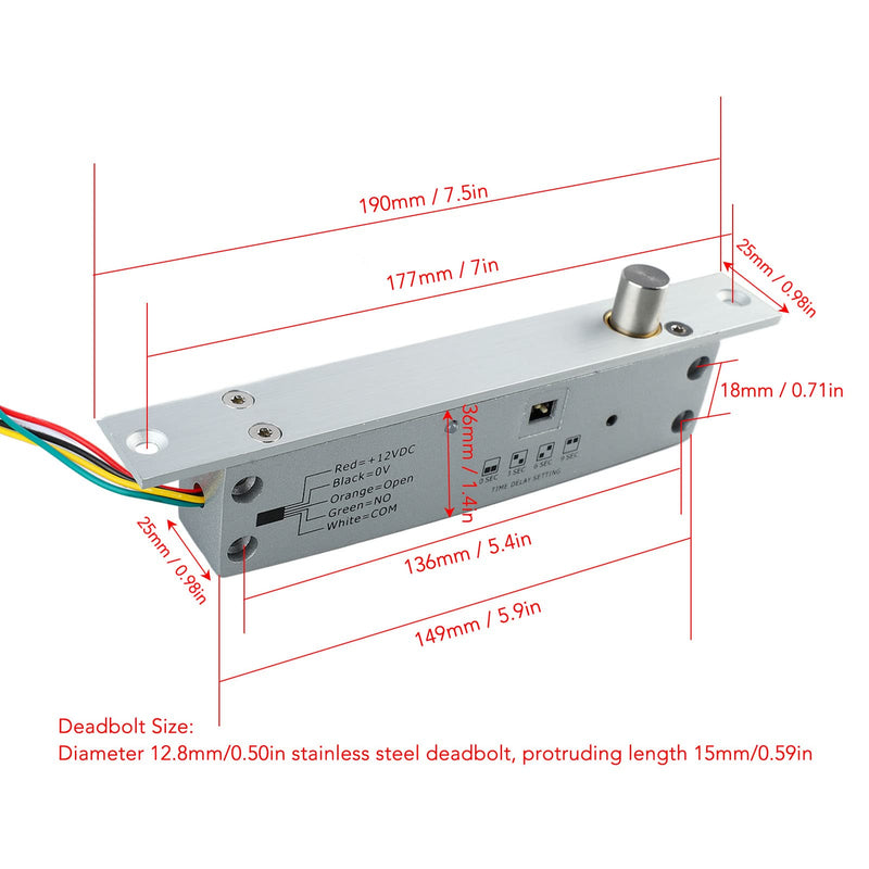 FILFEEL DC 12V 5 Lines Electric Bolt Lock, Narrow Deadbolt Drop Bolt with Time Delay LED Display for Door Entry Access Control (Power Off Lock) Power Off Lock