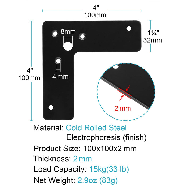 GBGS 10 Pcs Black Flat Corner Brace 4"x 4",L Shaped Corner Stealth Speed Brace Mending Plate 4"×4"