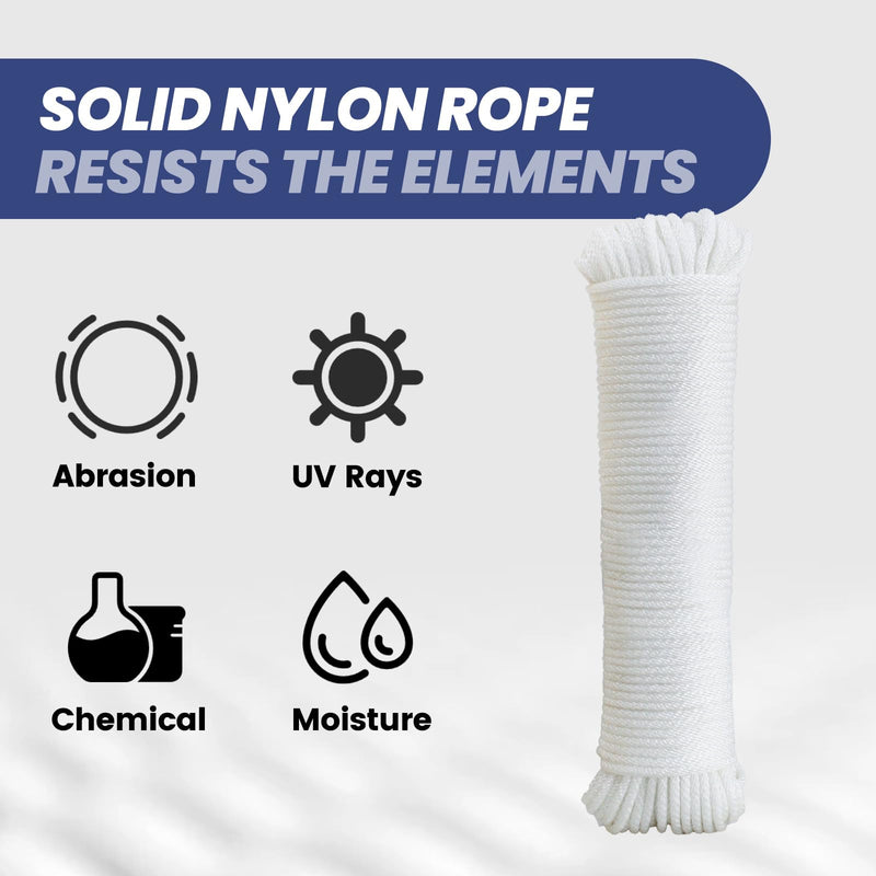 1/8inch 100FT Nylon Rope – Multipurpose Heavy Duty Rope – Abrasion & UV Resistant – Ideal Use for Camping, Clothesline, Marine Rope Flag Line - Shock Absorption Rope for Indoor Outdoor 1/8 In x 100FT