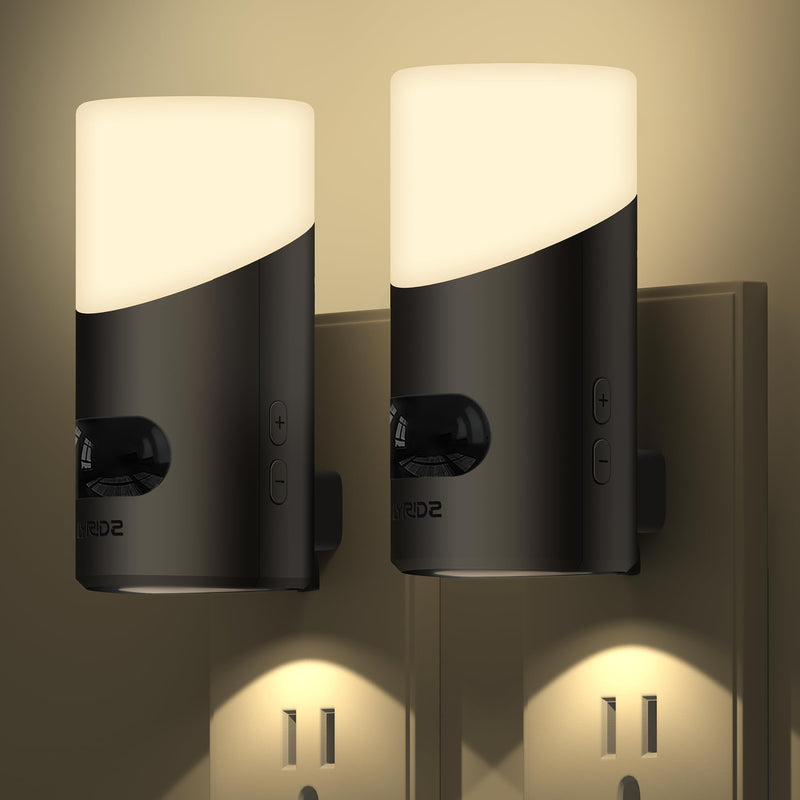 Lyridz LED Night Lights Plug into Wall with Motion Sensor, 1-150LM Dimmable Plug-in Nightlight Indoor for Bedroom, Bathroom, Hallway, Stairs, Pet House, Toilet, 2 Pack Black