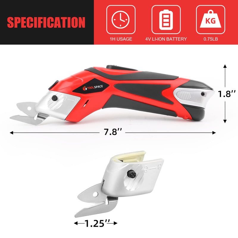 Cordless Electric Scissors with Two Blades, TOOLSPACE Electric Cardboard Cutter Electric Fabric Scissors for Cutting Fabric, 4V Lithium-Ion Rechargeable Battery, Easy Carry and Fast Charging Red/Black