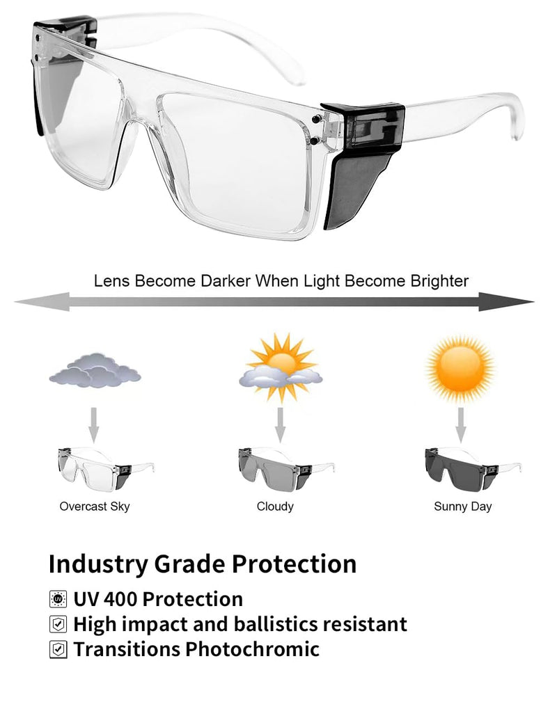 UV400 Transition Photochromic Safety Glases Light to Dark Grey Lens ANSI Z87 Impact Approved Clear