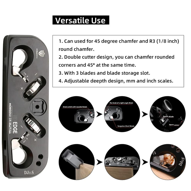 HONGDUI DJ11S 2-in-1 Chamfer & Radius Plane,1/32"(5mm) Depth Adjustable, Aluminum Alloy Edge&Radius Chamfering Plane, 3 Blades with 12 Cutting Edges for Use Woodworking Tool-1 Pcs