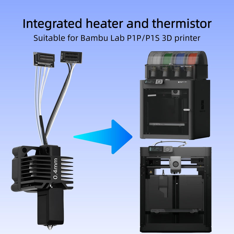 Bambu Lab P1P/P1S Hotend Complete Kit – Full Assembly Hardened Steel Nozzle, Ceramic Heater, 0.4mm Nozzle, Cooling Fan & Heating Block for P1 Series 3D Printer Replacement