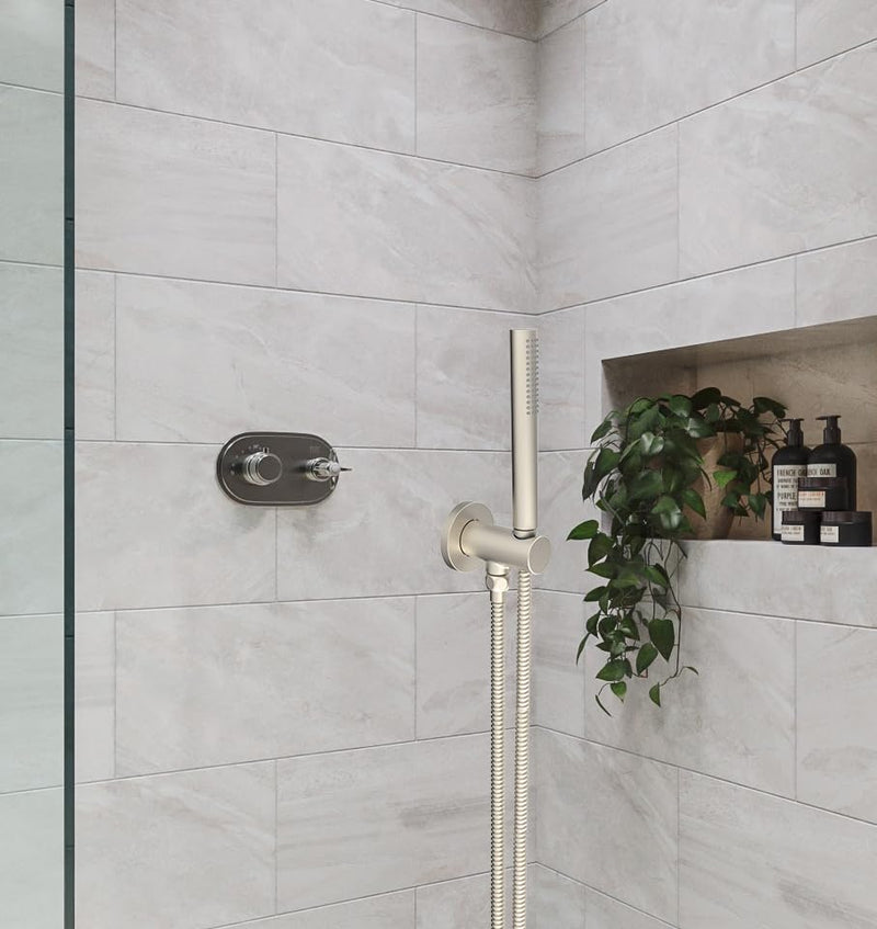 Wall Supply Elbow with O-Ring Flange, Tapered 1/2 NPT Female Inlet, Solid Brass Wall Union With Handshower Holder, Round Wall Supply Elbow With Handheld Shower Head Bracket, Nickel Brushed PVD