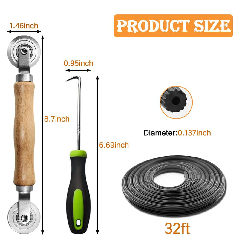 Window Screen Repair Kit, 32ft Screen Spline, Steel Screen Roller Tool, Spline Removal Pick, 3 in 1 Screen Repair Kit for Installing Door and Window Screens Steel Roller+32ft Spline+Pick