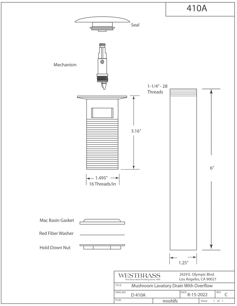 Westbrass D410A-05 Euro Mushroom Lavatory Drain with Overflow Holes - Exposed, Polished Nickel