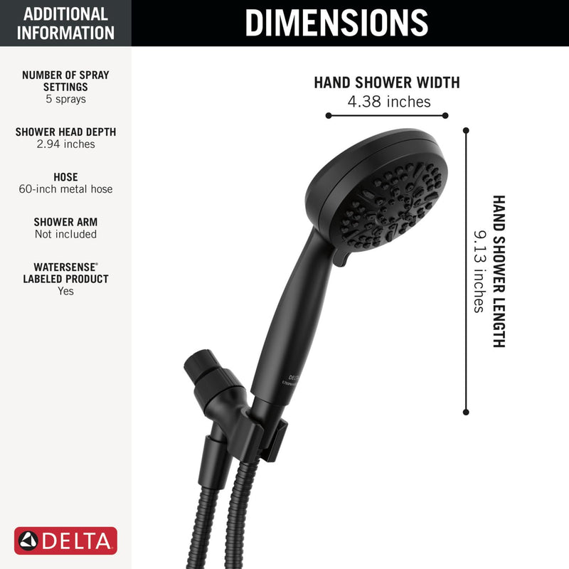 Delta Faucet 5-Setting Handheld Shower Head, Black Shower Head with Hose, Showerheads & Handheld Showers, Handheld Shower Heads, Detachable Shower Head, Hand Shower 1.75 GPM, Matte Black 75511BL