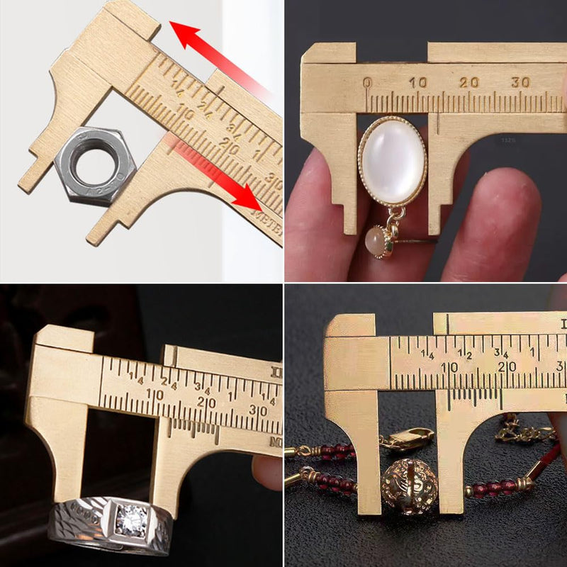 Brass Pocket Caliper with Double Scale Sliding Gauge Bead Measuring Tool Millimeter Gauge Mini Brass Vernier Caliper Brass Ruler, Gold Ruler for Measuring Jewelry(100mm) 2 Pack
