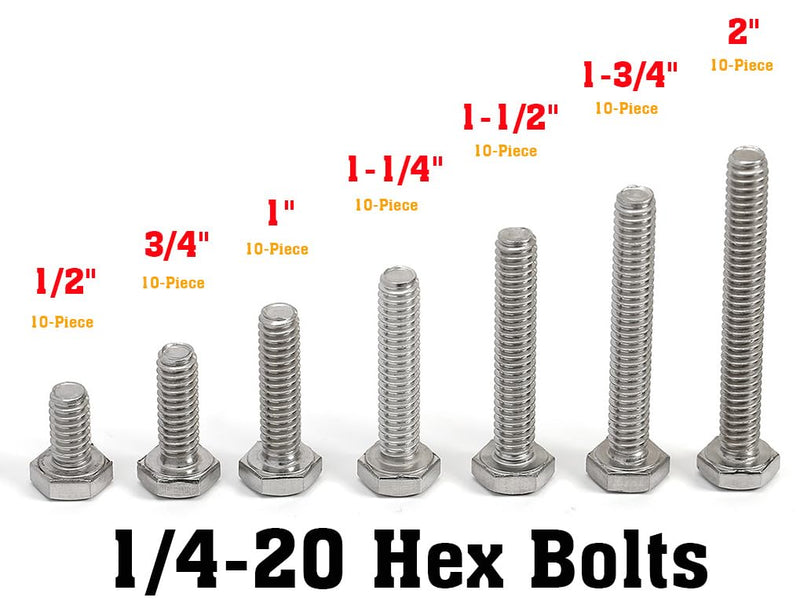 1/4-20 Bolts Screws Kit External Hex Head Stainless Steel 304 Fully Threaded Hex Bolt 1/4-20 x 1/2" 3/4" 1" 1-1/4" 1-1/2" 1-3/4" 2" Length 1/2" - 2"