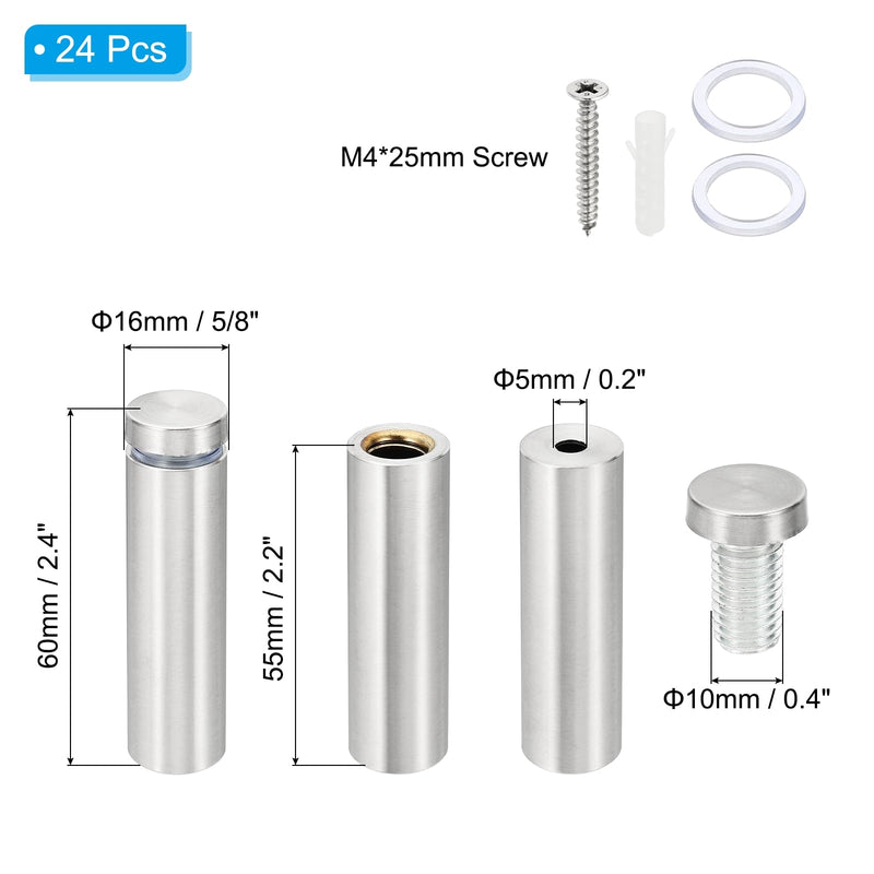 PATIKIL 5/8 x 2.4 inch Sign Standoff Screws, 24 Set Stainless Steel Wall Standoff Mounting Hardware Advertising Glass Nail for Hanging Acrylic Picture Frame Acrylic Panel, Silver