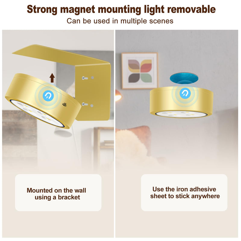 TTQ 4PCS Magnetic Picture Lights Batteries Operated Painting Light with Telecontrol and Dimmable Timer,Gold Art Display Light Wireless Walls Decor Puck Lights for Picture Frame Artworking Portraits Gold