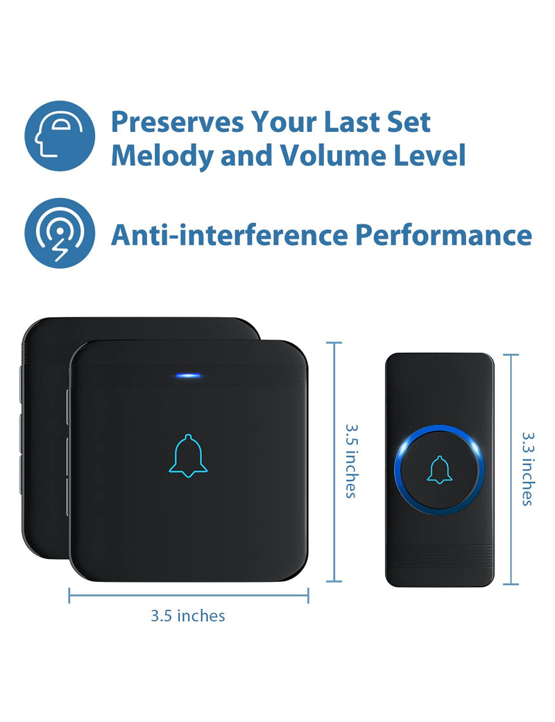 AVANTEK Wireless Doorbell, D-3B Waterproof Door Chime Kit Operating at over 1300 Feet with 2 Plug-In Receivers, 52 Melodies, CD Quality Sound and LED Flash Black