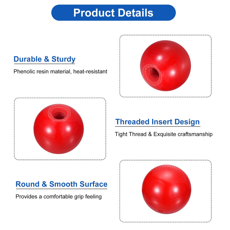uxcell 3Pcs Threaded Ball Knobs, M8 Female Thread Phenolic Thermoset Ball Knob 30mm Dia Round Operation Ball Handles for Machine Lever Handle, Red M8x30mm