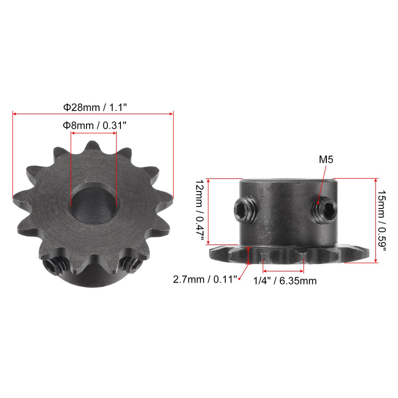 uxcell 13 Tooth Roller Sprocket B Type, #25 Chain, Single Strand 1/4" Pitch, 8mm Bore Black Oxide C45 Carbon Steel with Set Screws for ISO 04C