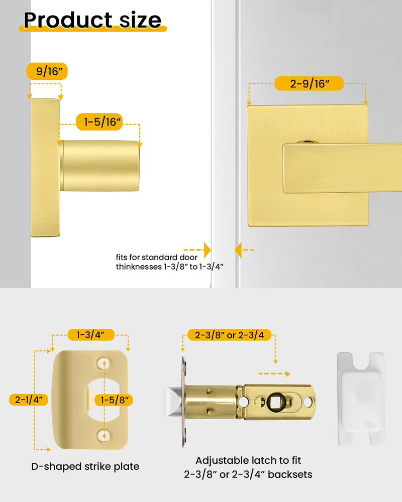 Goldenwarm Brushed Gold Passage Door Handles 1 Pack, Modern Zinc Alloy Interior Door Levers Keyless Non-Locking Passage Handleset for Hallway and Closet, Reversible Heavy Duty Lever Door Hardware