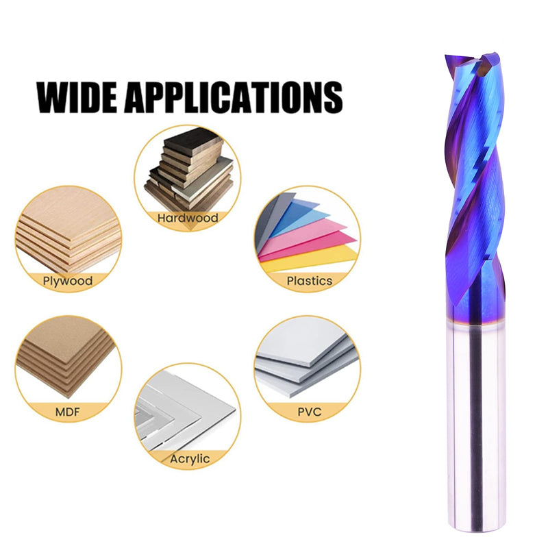3/8 inch Shank Spiral CNC Router Bits Solid Carbide End Mill 3 Fluter Up Cut with NACO Blue Coated for Grooving Slots Mortises and Wood Carving