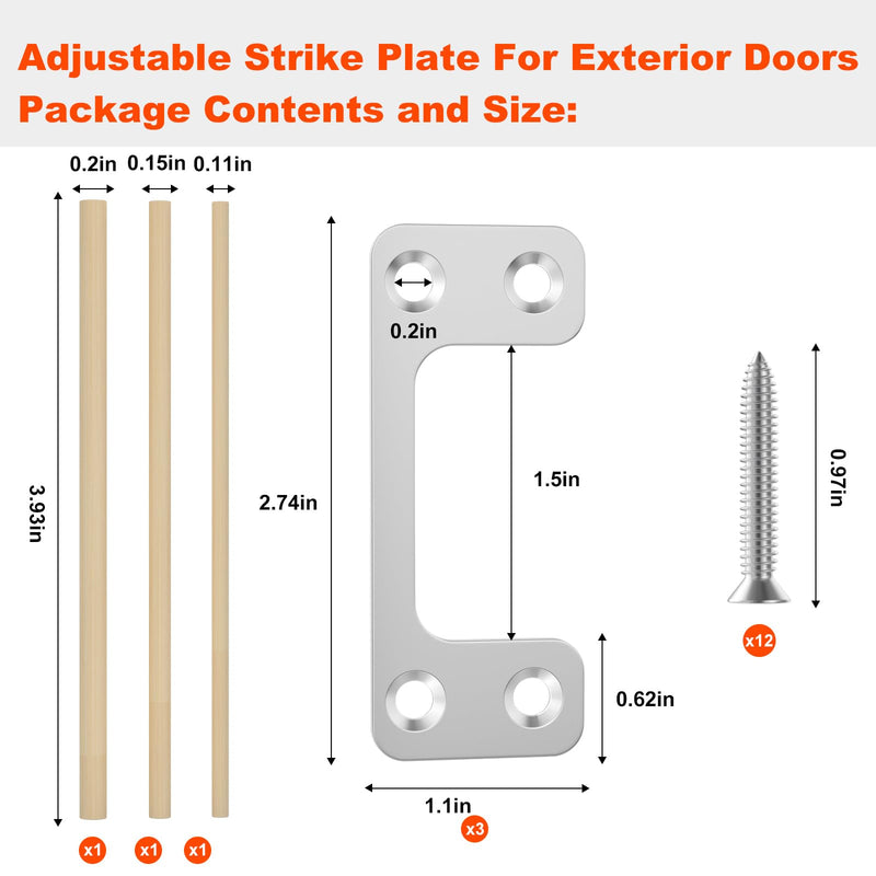 Oversized Deadbolt Strike Plate 1.125" x 2.75" - Adjustable Strike Plate for Exterior Doors Fix Dead Bolt Misalignment/Sticking Large Hole Strike Plate with 12 Screws and 3 Wood Dowel Strips (3 Pack)
