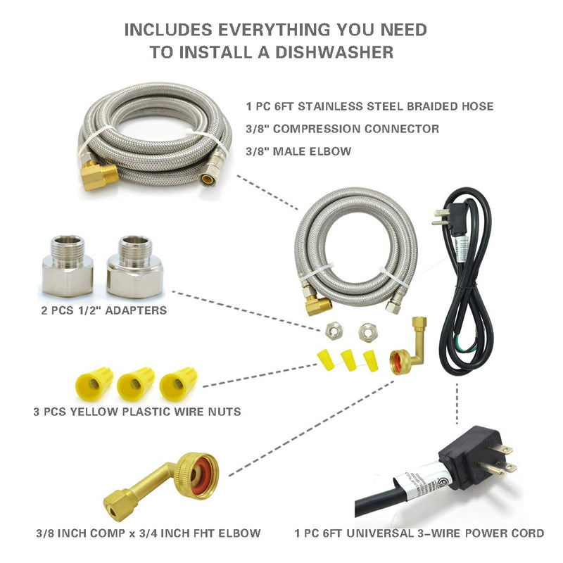 Universal Dishwasher Installation Kit,6 Ft Stainless Steel Dishwasher Hose,Burst Proof Water Supply Line with 3/8" Compression Connections 6FT