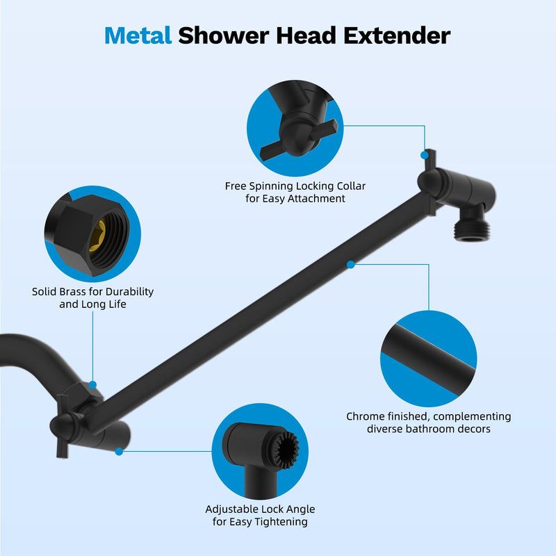 All Metal 11" Black Shower Head Extension Arm, Brass Flexible Shower Head Extender Adjustable Height & Angle, G1/2" Universal Stainless Steel Pipe Extending with Lock Joint for Rain/Fixed Showerhead 11 Inch Matte Black