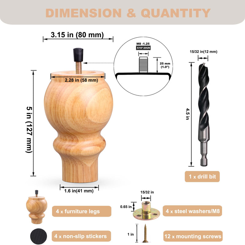 Wood Couch Legs 5 inch Sofa Legs for Furniture Set of 4, Natural Replacement Wooden Legs Furniture Feet Table Cabinet Dresser Bed Frame Legs