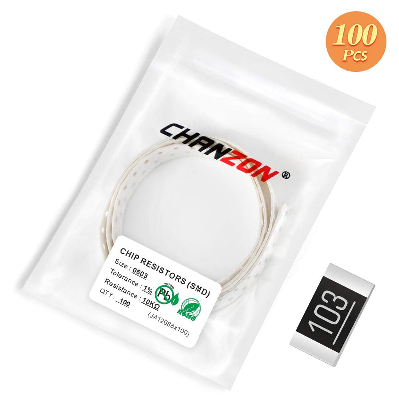 Chanzon 100pcs 0603 SMD Resistor 10K Ω ohm 1/10W 0.1W ±1% Tolerance Thick Film 10KR SMT Chip Resistors Rohs Certificated [0603SMD10] 10K ohm