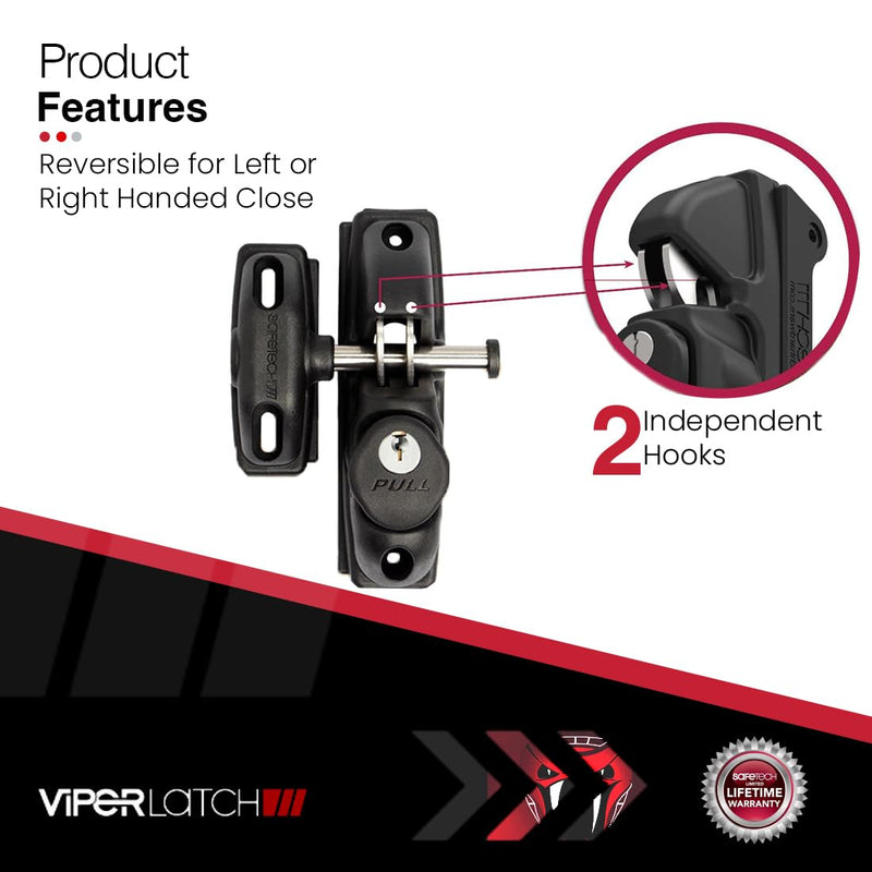 Safetech Hardware ViperX1 Gravity Gate Latch | One-Side Entry Keyed Lock | 2 Independent Latching Hooks Key Lockable One Side | Privacy Gate Gravity Latch | Vinyl, Wood, & Aluminum Gates - Black 1 Side Key