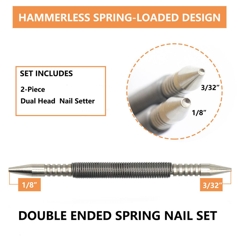 2-Piece Dual Head Combo Nail Setter, Double Ended 3/32″& 1/8″Spring Nail Set, 3500 PSI Striking Force Hammerless Nail Set Punch Nail Pullers