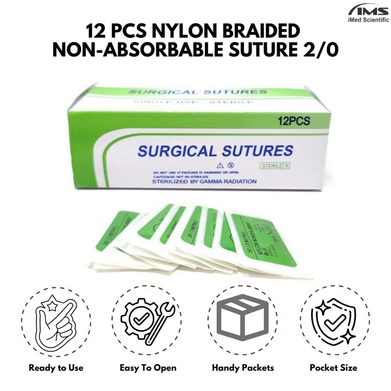 IMEDS Training Sutures 2/0 Nylon, Box of 12 Pcs Suture Thread with Needle, Demo Teaching Set