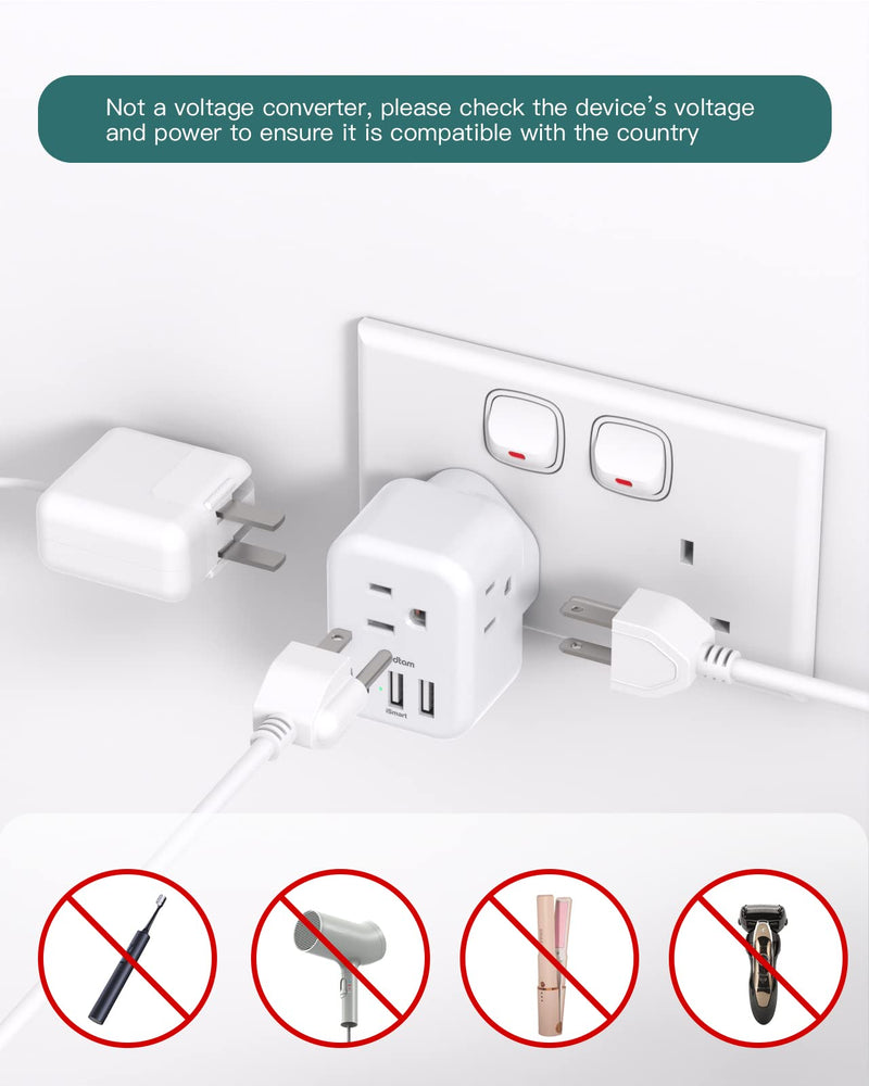 US to UK Ireland Plug Adapter, Addtam Type G Power Adapter with 3 AC Outlets and 3 USB(1 USB C), Travel Essentials for USA to Dubai Scotland British London England Hong Kong Irish Type G UK Ireland - 1 Pack