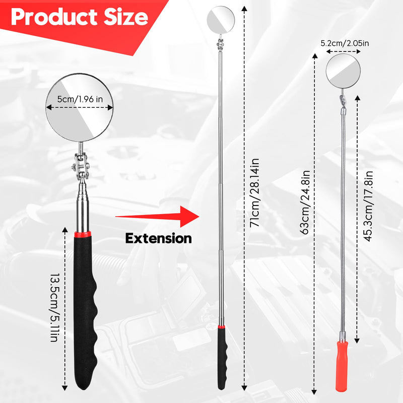 2 Pcs Inspection Mirror, Mechanics Mirror Tool with Long Handle, Round Extendable Mirror on a Stick & 360 Rotation Bendable Circular Mirror for Technicians Mechanics Contractors Checking Observation Black/Orange