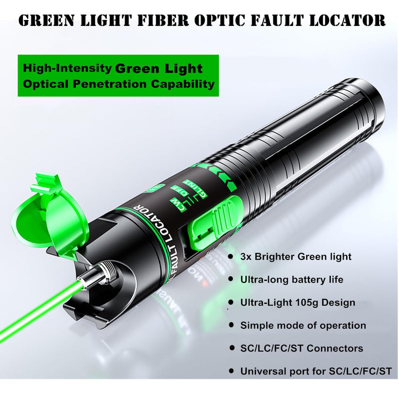 Green Light Visual Fault Locator | 510nm 15-20KM VFL for SC/FC/ST/LC Networks | Telecom & Data Center Pro Tool Green Light 15-20KM