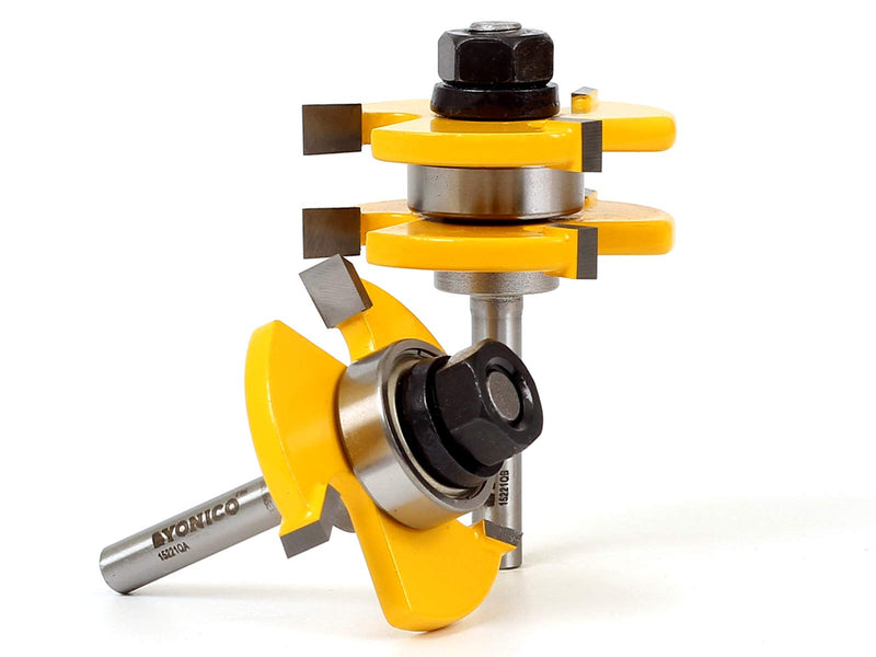 YONICO Tongue and Groove Router Bits Set Up to 3/4-Inch Stock 1/2" Cutting Depth 2 Bit Set 1/4-Inch Shank for Edge-to-Edge Hardwood Flooring, Paneling, Cabinet Door, Plywood Sheathing 15221q Up to 3/4" Stock - 1/2" Depth - 1/4" Shank