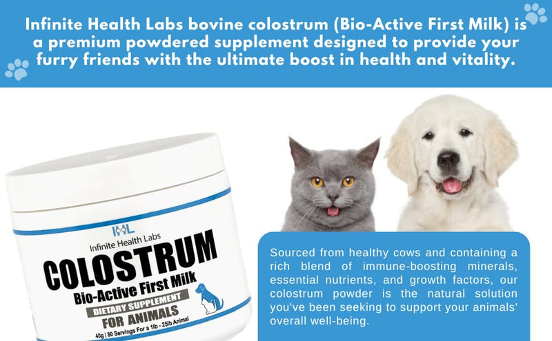 Bio-Active Bovine Colostrum for Dogs, Cats, Puppies, Kittens & Pets - Daily Colostrum Powder Supplement 40g (80 Servings) - PawsPlanet Australia