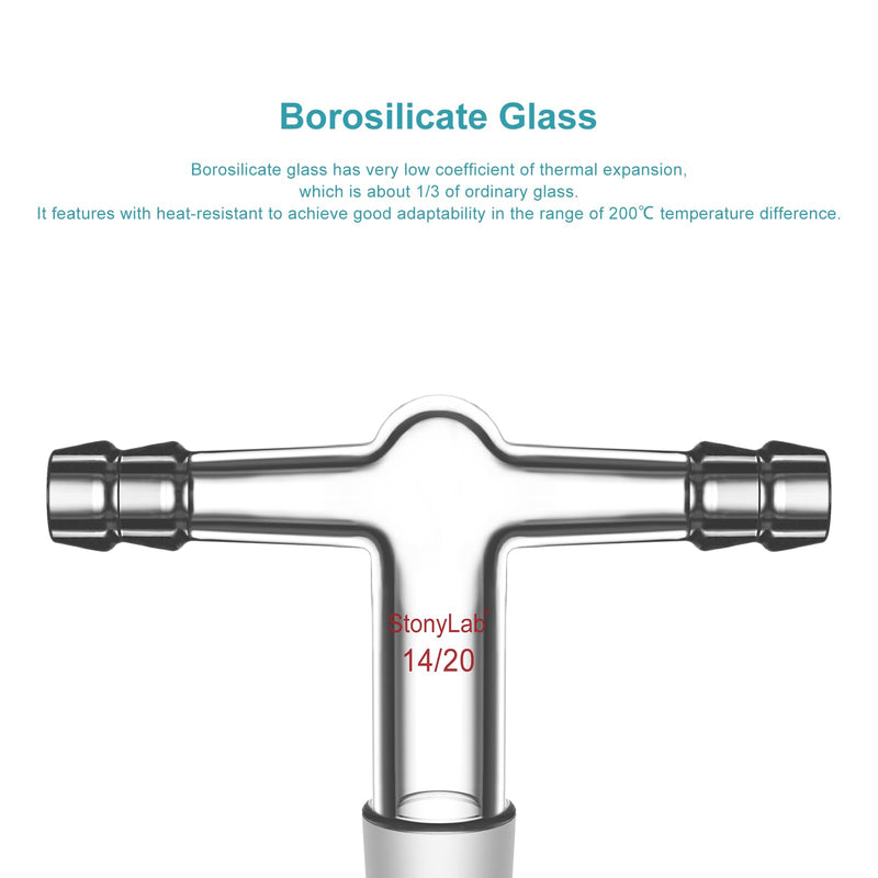 stonylab Glass Dual Hose Inlet Adapter, Borosilicate Glass T-Shape Vacuum/Inert Gas Adapter with Dual 3/8 inch Hose Connections and 14/20 Inner Joint 14/20 Joint