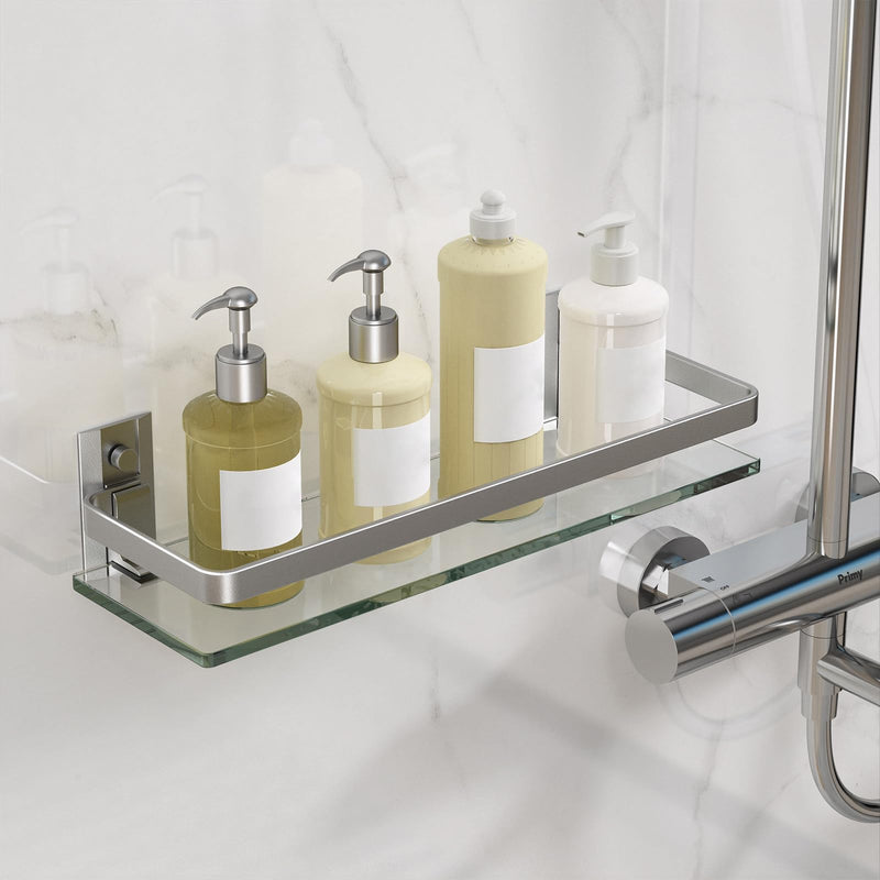 Danpoo Clear Tempered Glass Wall Shelf, Wall-Mounted Organizer for Bathroom, Kitchen(Matte Silver) Single Shelf