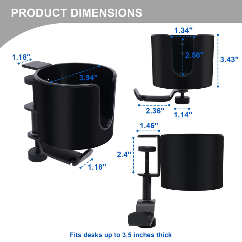 Clamp-On Desk Cup Holder with 360° Rotating Hook – Anti-Spill Drink Holder with No-Scratch Silicone Pads, Fits Mugs & Tumblers – for Home Office, Gaming, Camping & Outdoor Tables