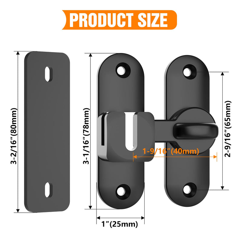 Barn Door Lock – Small 90/180 Degree Flip Sliding Door Latch Heavy Duty Bar Gate Latches Safety Slide Lock for Bathroom, Garden, Bedroom, Cabinet (Black-2Pack) Black-2Pack