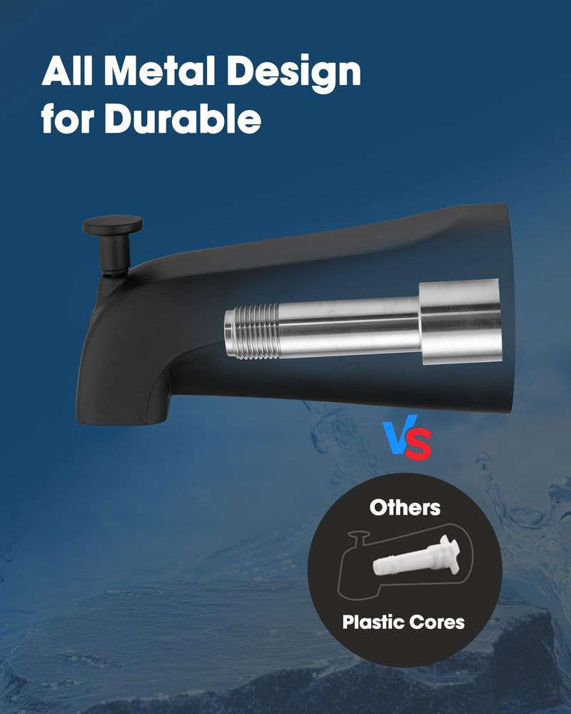 All Metal Bathtub Spout with Diverter, 5.3 Inch Tub Spout, Fits 1/2" Copper Slip-On and 1/2" or 3/4" IPS Threaded Pipes, Easy Lift to Switch, Leak-Free, Easy DIY Installation(Matte Black) Matte Black