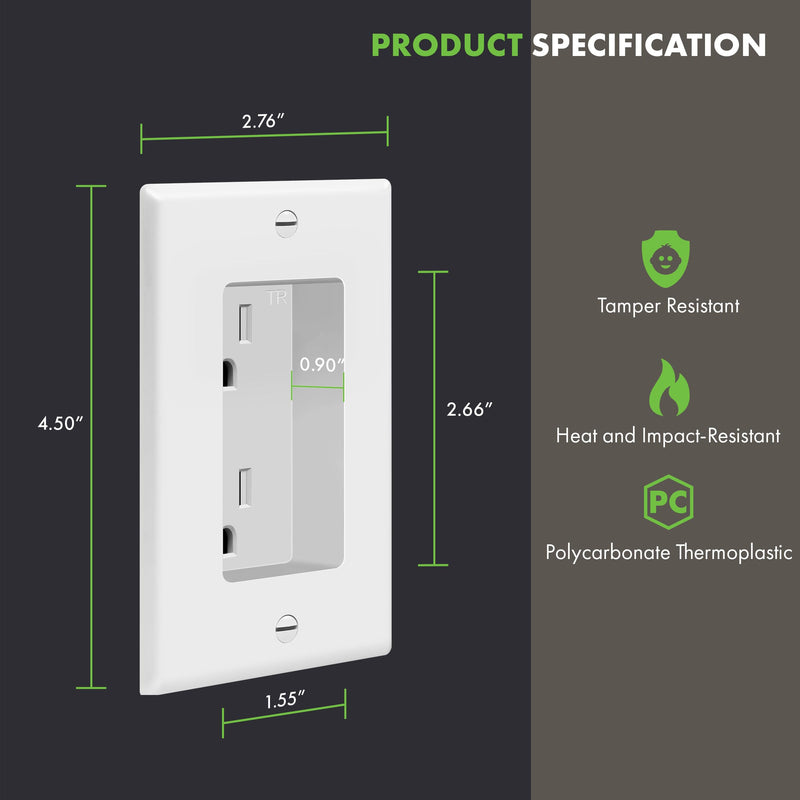 TOPGREENER Recessed Duplex Receptacle Outlet, Tamper-Resistant, Size 1-Gang 4.48" x 2.76", 15A 125V, TG15RD31-2PCS, White, 2 Pack Recessed Outlet 2 Pack