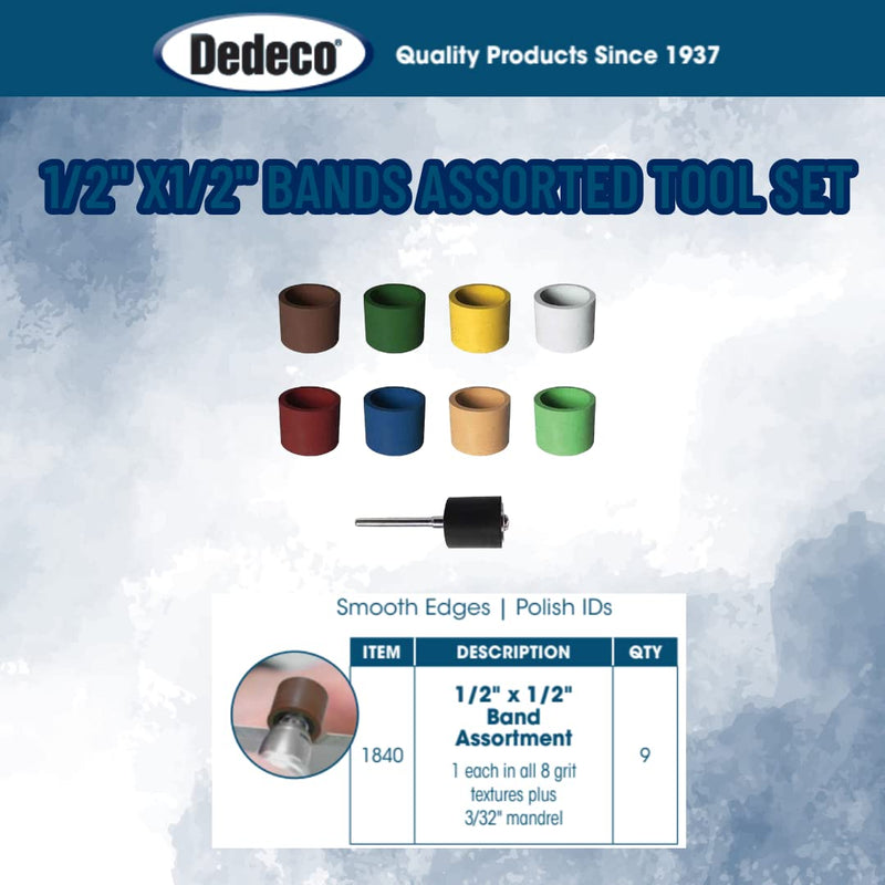 Dedeco Sunburst - 1/2” x 1/2” Bands - Precision Cylinder Thermoplastic Rotary Sanding and Polishing Tool Set, Assorted: 1 Each 8 Grit Textures Plus 1835 Mandrel (9 Piece) 9 1/2"x1/2" - Asst: 1 Each 8 Grits & 1835 Mandrel