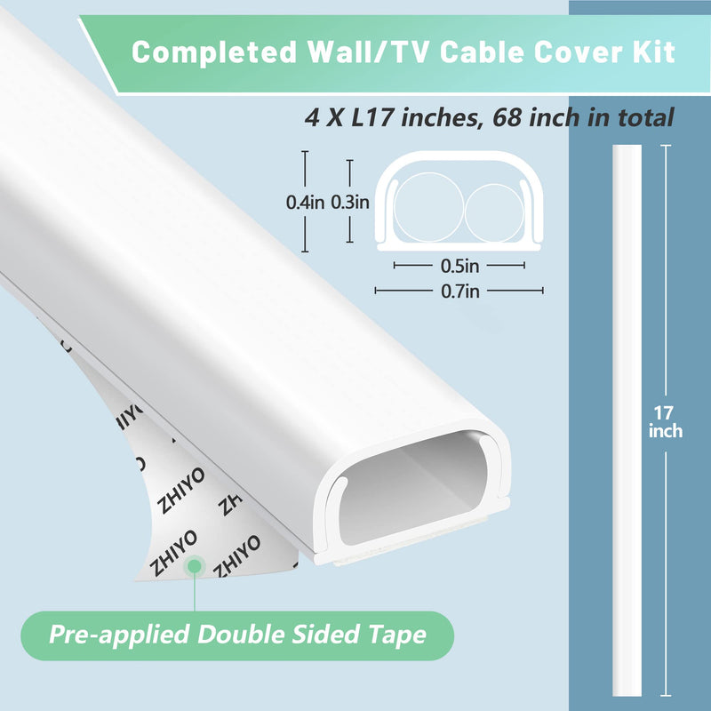 Wire Covers for 2 Cords, 68in Wire Hider on Wall Mounted, Black Cord Cover Kit, Cable Cover Paintable, Cable Concealer for Extension Cord, Ethernet Cable, Speaker Wire Hider, 4X L17in W0.7in H0.4in Medium